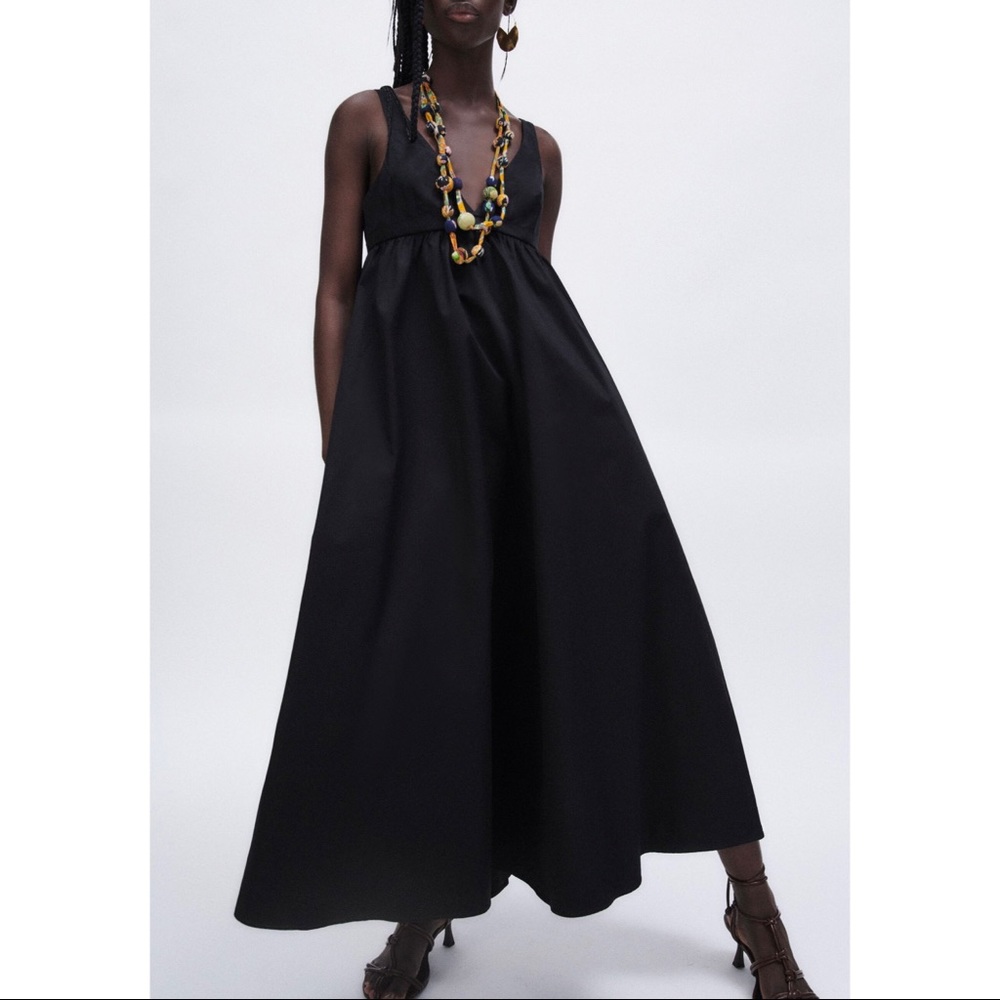 NWT ZARA Voluminous Poplin Cotton Sleeveless V-Neck Maxi Dress Black Size XL